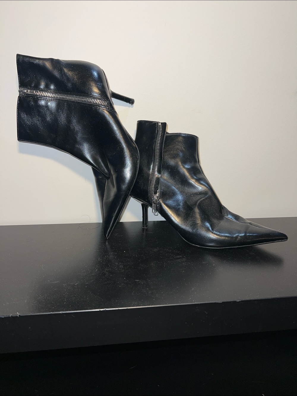 Zara Black Pointed Leather Stiletto Ankle Boots
